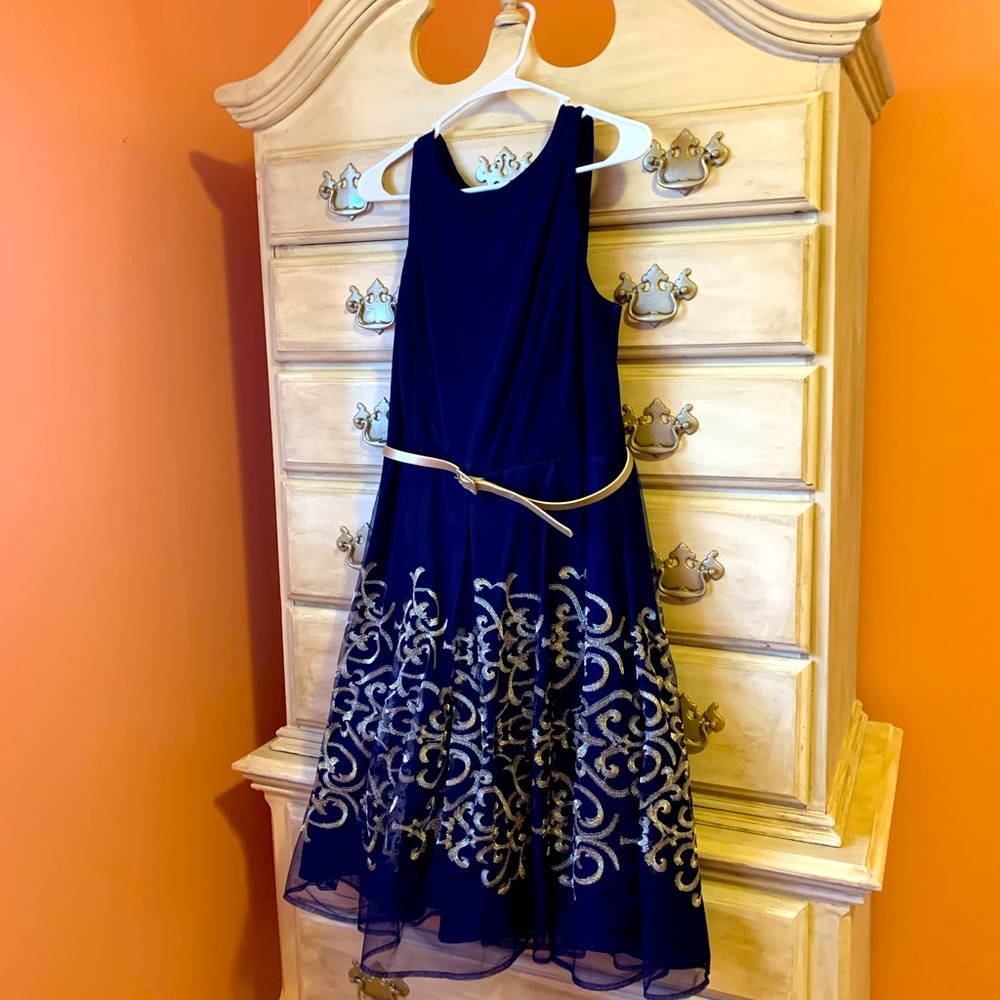 Cocktail dress, navy with gold detail and belt.
